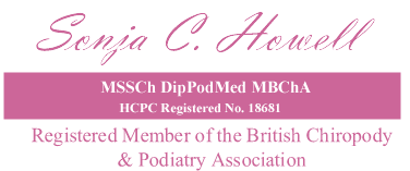 Picture like a business card stating Sonja C.Howell MSSCh DipPodMed MBChA HCPC Registered No. 18681 Registered Member of the British Chiropody & Podiatry Association